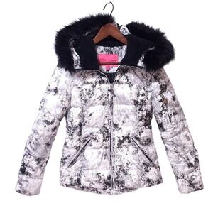 Betsey Johnson Puffer Jacket Marble Print Coat Faux Fur Trim Hood Women Sz XS‎